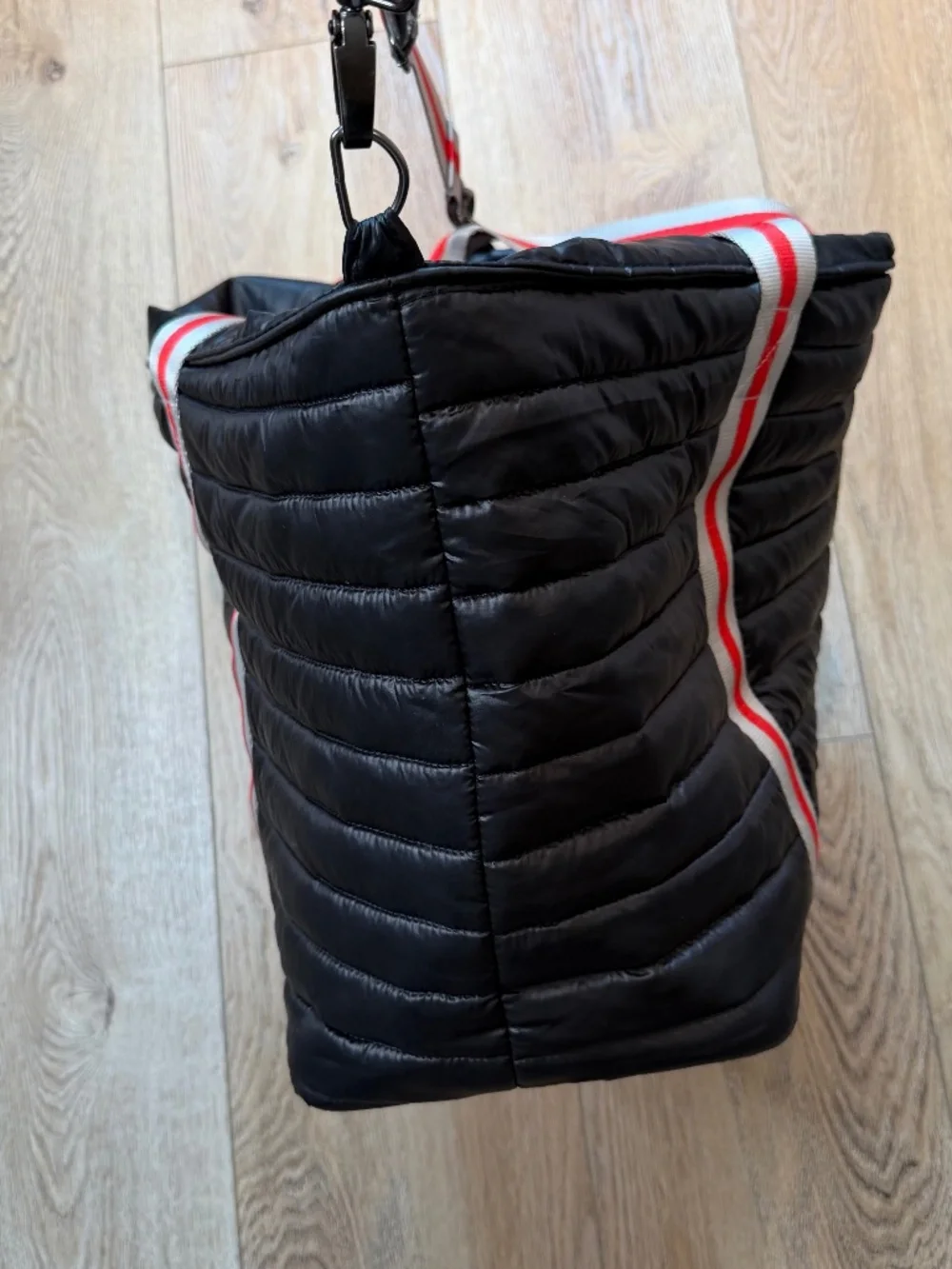 Think Royln Wingman Quilted Puffer Tote Black Red Silver Stripe